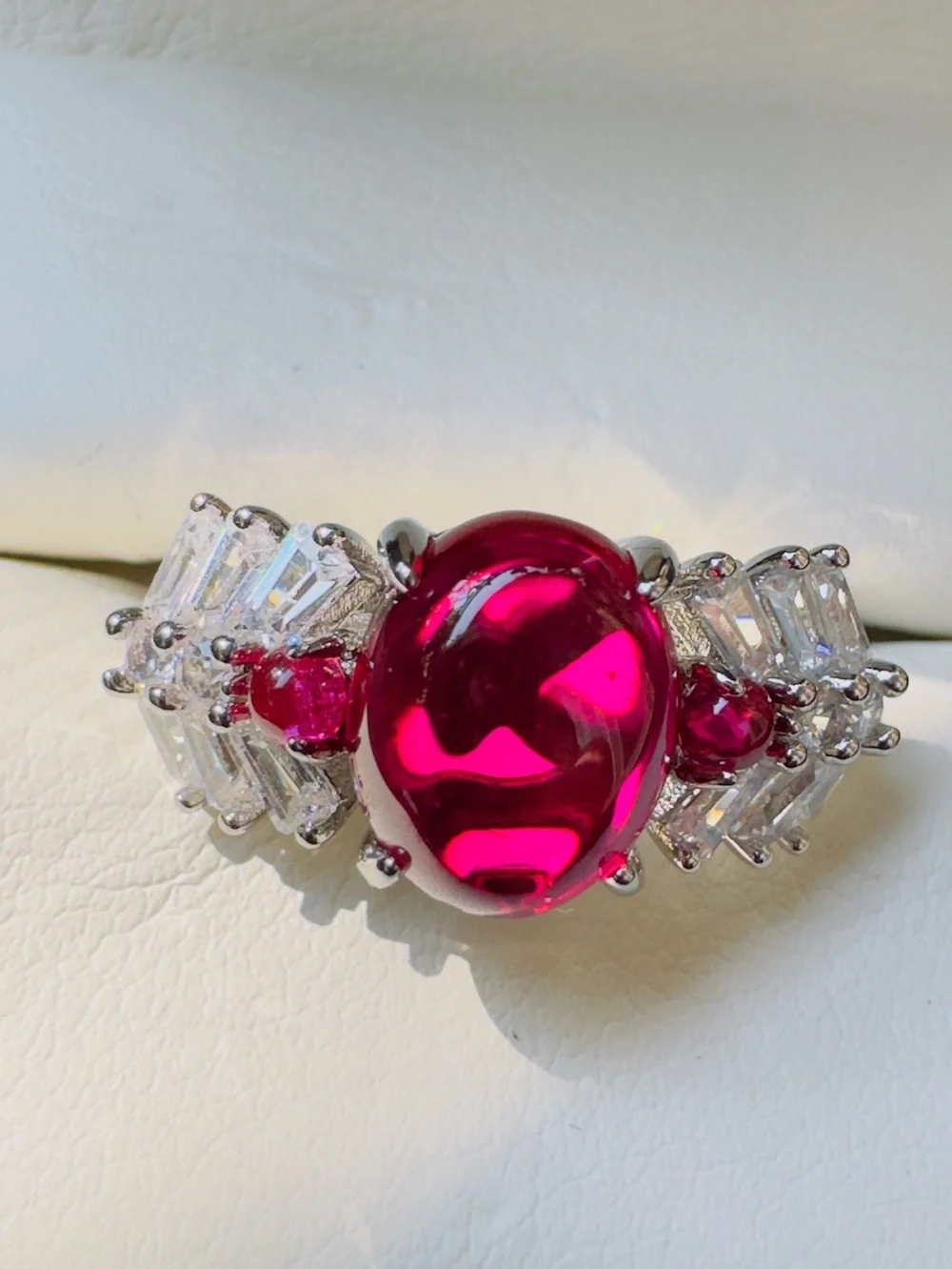 Vibrant Pink Cabochon & CZ Accent Statement Ring